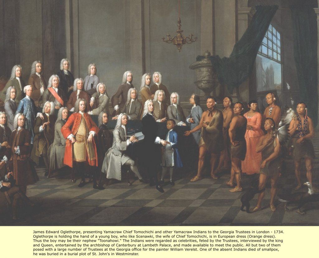 Painting by William Verelst of Chief Tomochichi and a delegation of Native Americans with James Oglethorpe and the Georgia Trustees, London, 1734.