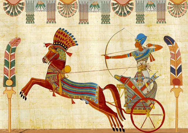 A painting of an ancient Egyptian drawing his bow while riding a chariot drawn by a horse.