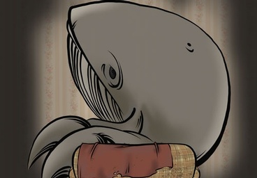 Cartoon image of a whale on a beat-up couch.