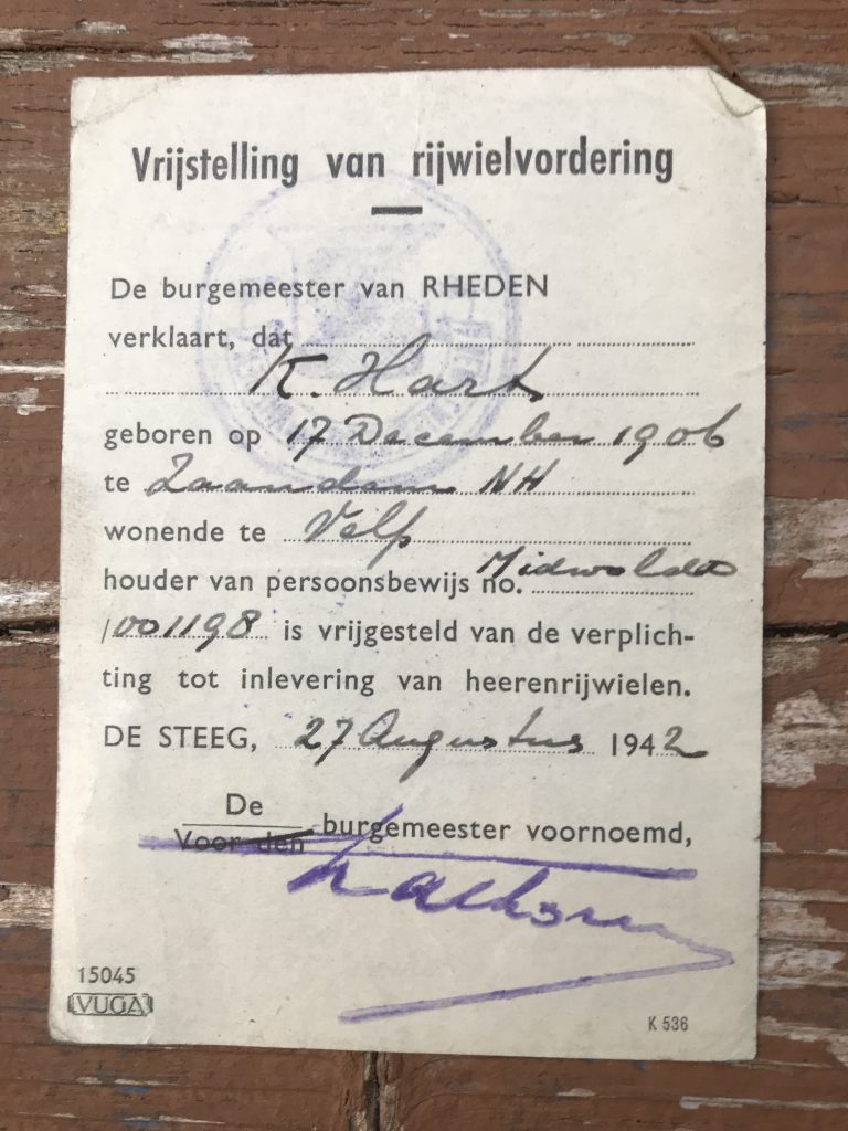 Permission for K. Hart to keep his bicycle. August 27, 1942, Velp. Dutch.