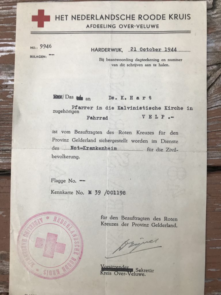 Permission from the Red Cross to go out after air raids to help anyone who needed help. October 21, 1944. German.