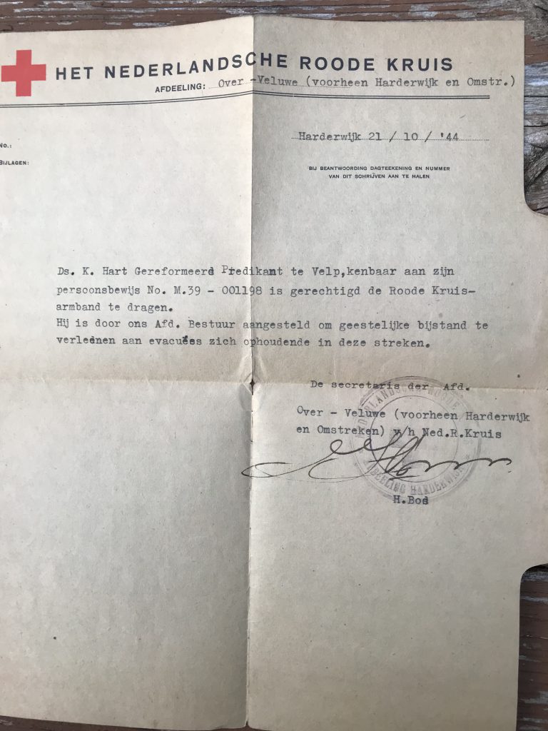 Appointment from the Red Cross to "provide spiritual assistance to evacuees in these areas." October 21, 1944. Dutch.