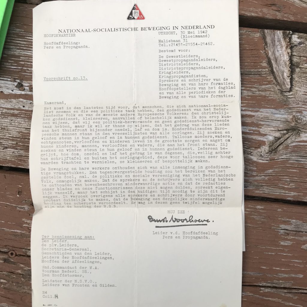 May 30, 1942 letter to Rev. Klaas Hart, telling him to be careful because of his anti-occupation preaching. 