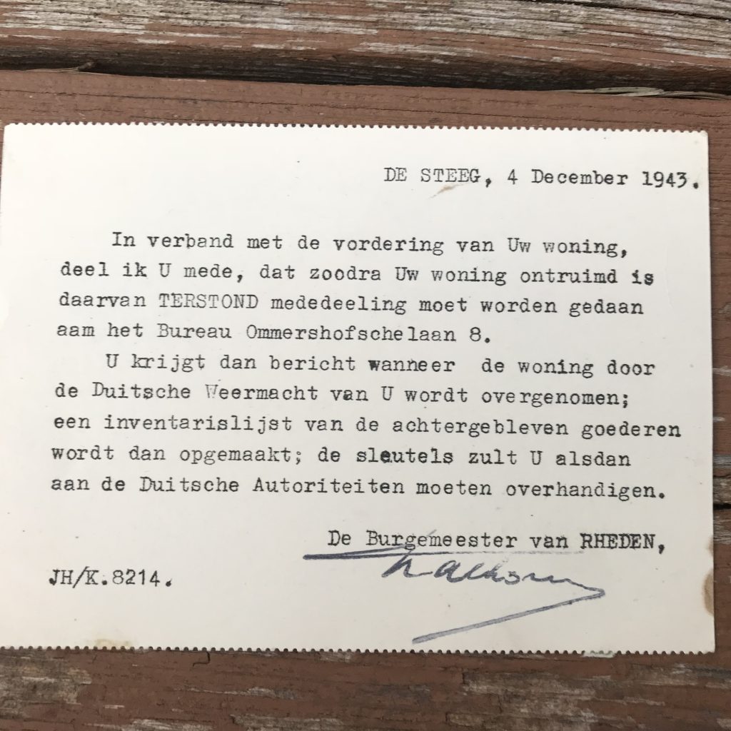 Note from the mayor informing them that the Germans want their house, so they have to move. December 4, 1943