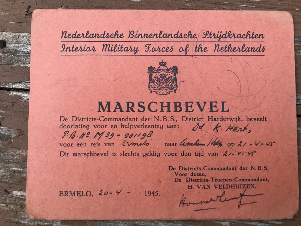 Permission from the Interior Military Forces of the Netherlands to travel between Ermelo and Velp on April 21, 1945.