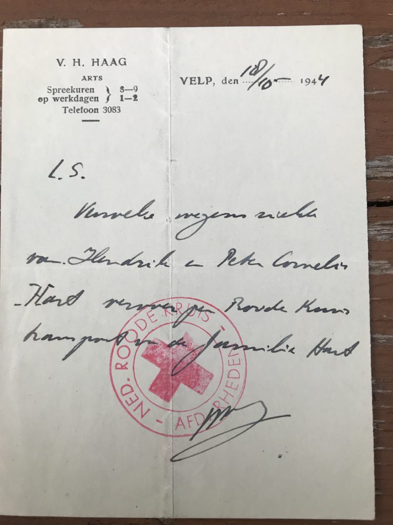 Handwritten note from Red Cross for this mysterious illness of Hendrik and Peter Hart. October, 1944. Dutch.