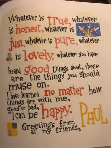 An image of Paul's advice to think about things that are pure, lovely, and good.