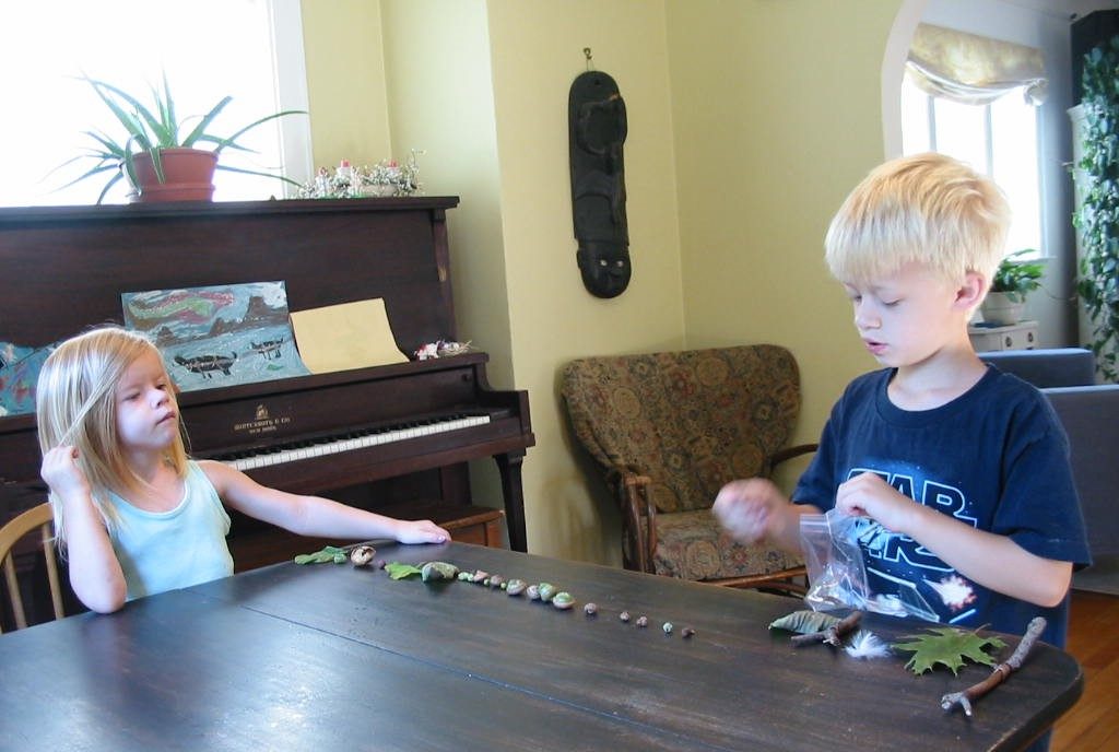 two children lay out the nature treasures they collected